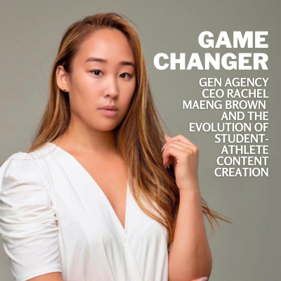 Game Changer: CEO Rachel Maeng Brown and the Evolution of Student-Athlete Content Creation with image of Brown in white blouse and gray background
